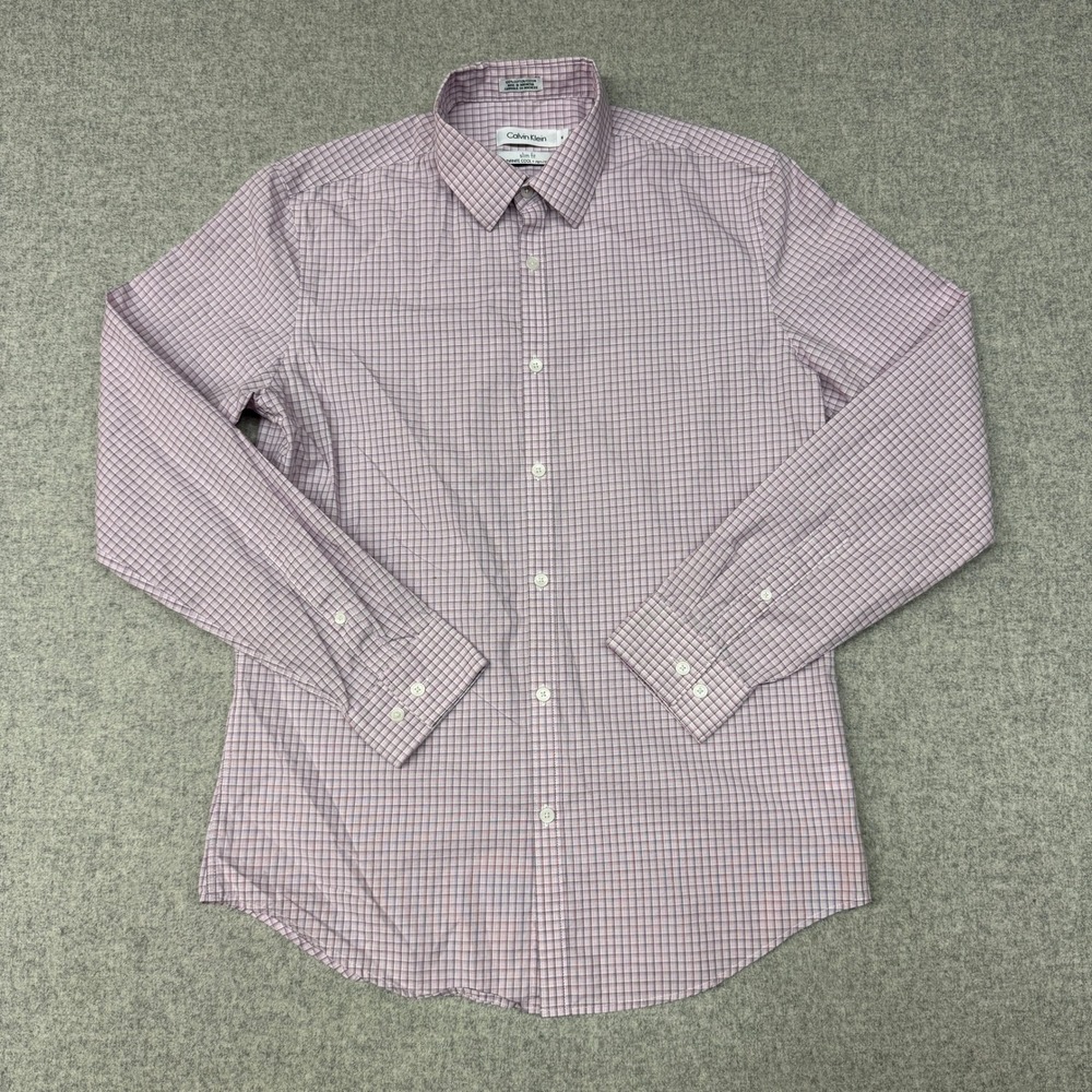 Calvin Klein Slim Fit Dress Shirt M Purple White Check Infinite Cool Non-Iron
